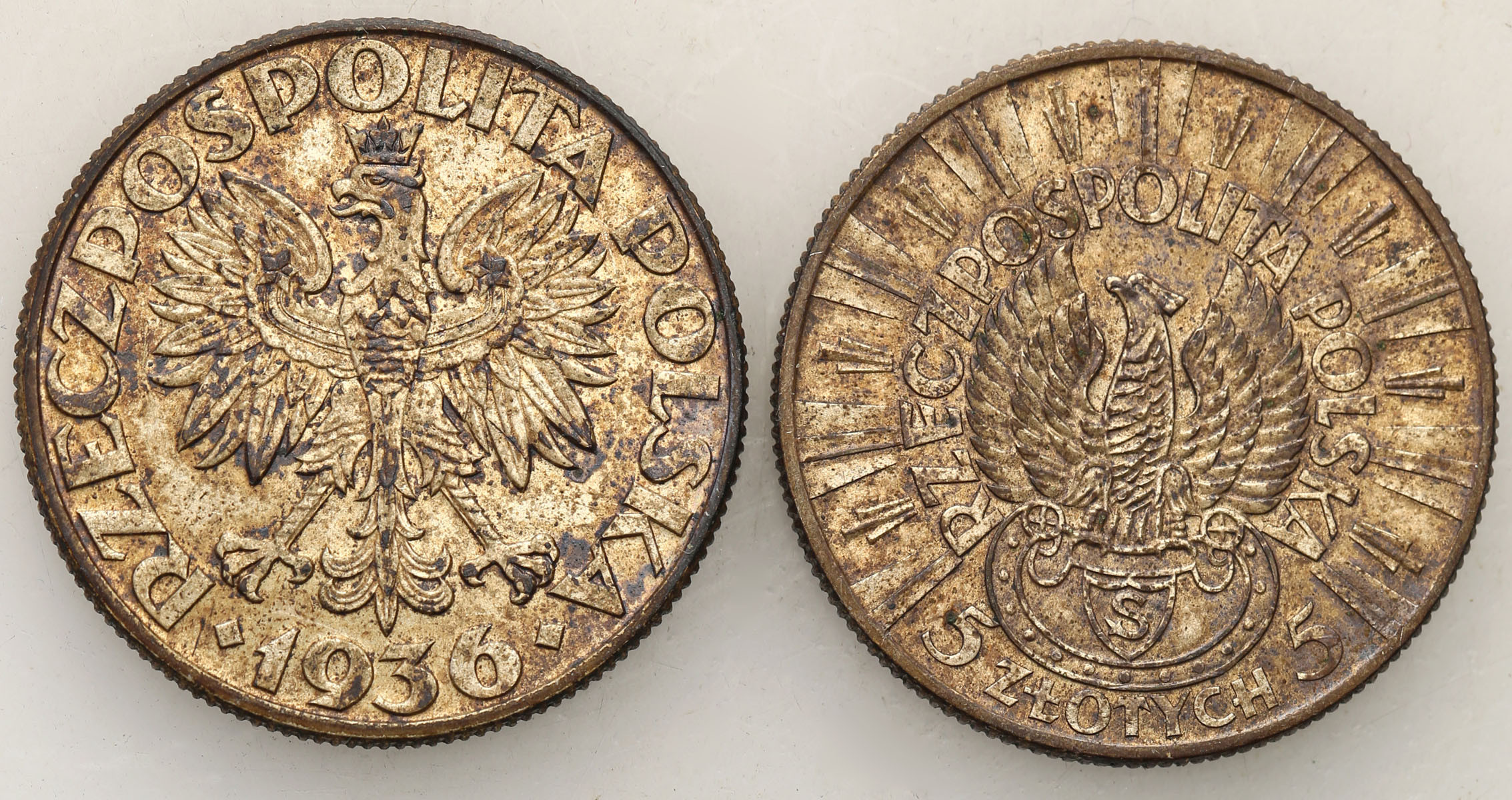 II RP. 5 złotych 1934 Piłsudski strzelecki, 5 złotych 1936 żaglowiec, zestaw 2 monet
